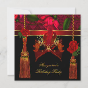 Masquerade Birthday party Black Red Rose Gold Kaart