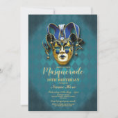 Masquerade Birthday Party Blauwgroen Gold Mask Inv Kaart (Voorkant)