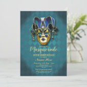 Masquerade Birthday Party Blauwgroen Gold Mask Inv Kaart (Staand voorkant)