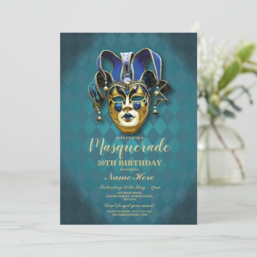 Masquerade Birthday Party Blauwgroen Gold Mask Inv Kaart (Staand voorkant)