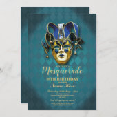 Masquerade Birthday Party Blauwgroen Gold Mask Inv Kaart (Voorkant / Achterkant)