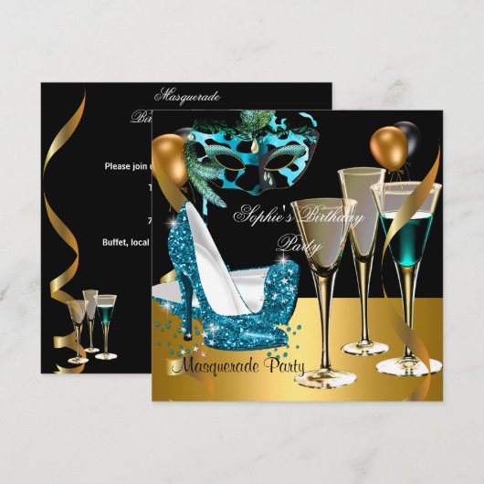 Masquerade Birthday Party Blauwgroen Gold Wine Sti Kaart (Voorkant / Achterkant)