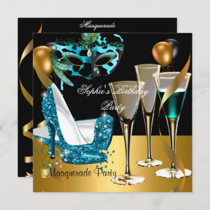 Masquerade Birthday Party Blauwgroen Gold Wine Sti Kaart