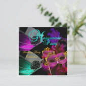 Masquerade Birthday Party Blauwgroen roze Gold-mas Kaart (Staand voorkant)