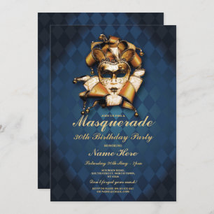 Masquerade Birthday Party Blue Gold Mask Invite Kaart