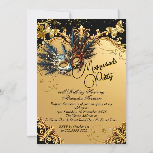 Masquerade birthday Party Gold Black Mask Feathers Kaart (Voorkant)