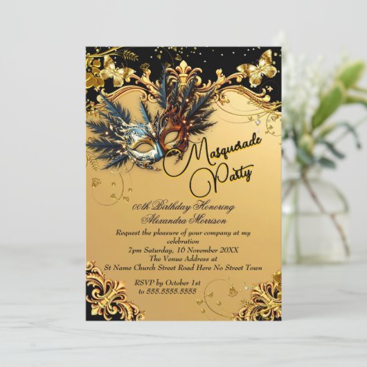 Masquerade birthday Party Gold Black Mask Feathers Kaart (Staand voorkant)