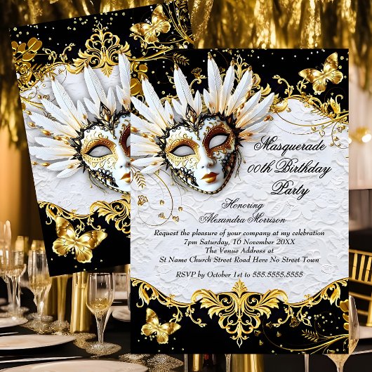 Masquerade birthday Party Gold Black White Mask Kaart