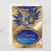 Masquerade birthday Party Gold Blue Mask Feathers Kaart (Voorkant)