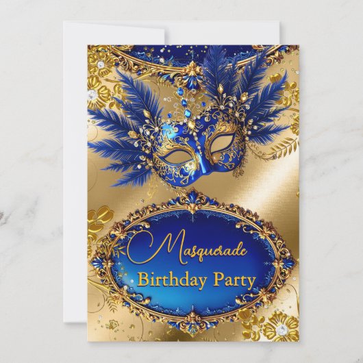 Masquerade birthday Party Gold Blue Mask Feathers Kaart (Voorkant)