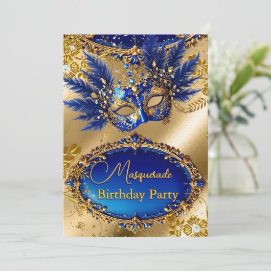 Masquerade birthday Party Gold Blue Mask Feathers Kaart (Staand voorkant)