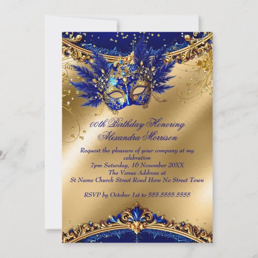 Masquerade birthday Party Gold Blue Mask Feathers Kaart (Achterkant)