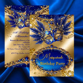 Masquerade birthday Party Gold Blue Mask Feathers Kaart