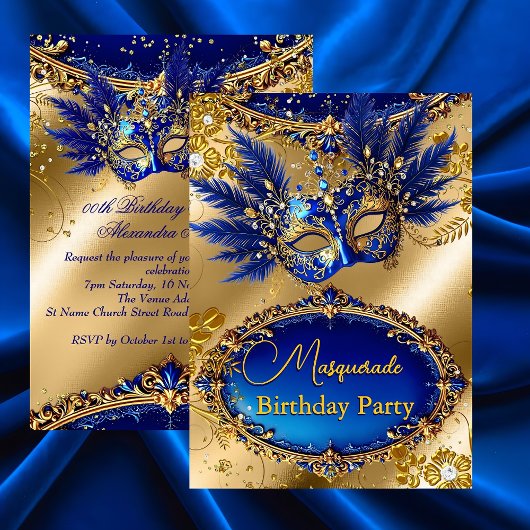Masquerade birthday Party Gold Blue Mask Feathers Kaart