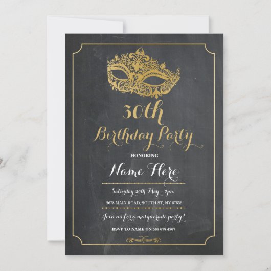 MASQUERADE Birthday Party Gold Mask Invite 30th 40 Kaart (Voorkant)