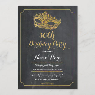 MASQUERADE Birthday Party Gold Mask Invite 30th 40 Kaart