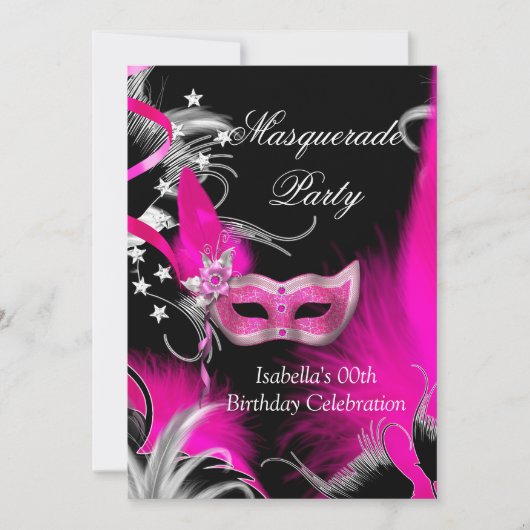 Masquerade Birthday Party Hot Pink Masker Black Kaart (Voorkant)