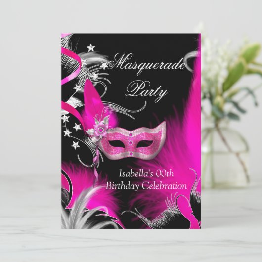 Masquerade Birthday Party Hot Pink Masker Black Kaart (Staand voorkant)
