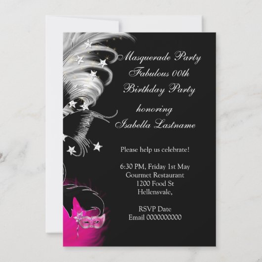 Masquerade Birthday Party Hot Pink Masker Black Kaart (Achterkant)