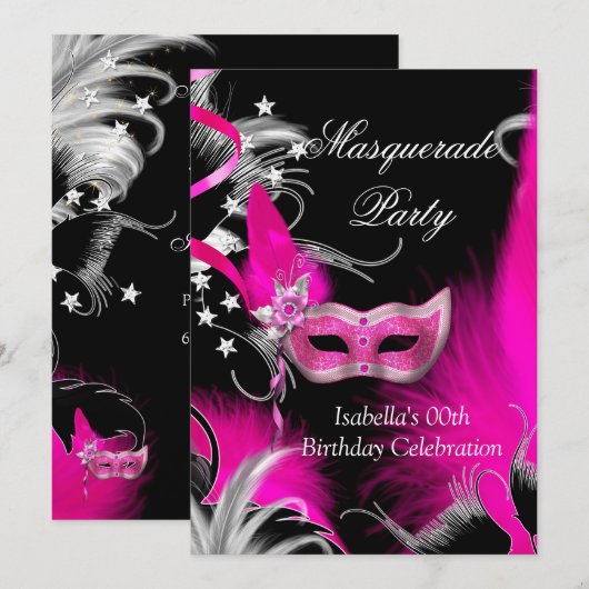 Masquerade Birthday Party Hot Pink Masker Black Kaart (Voorkant / Achterkant)
