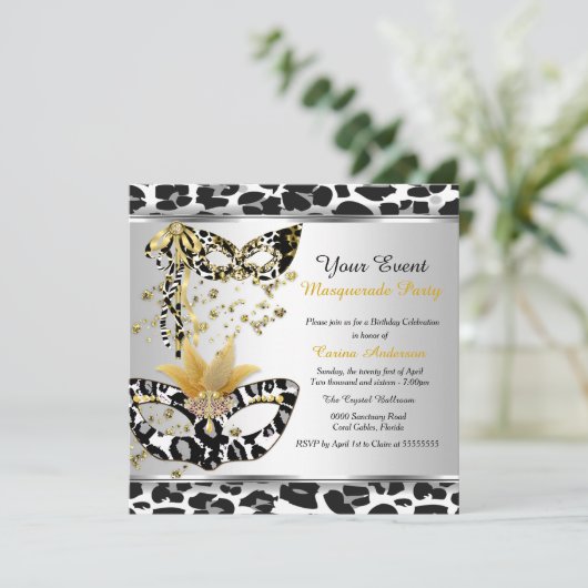 Masquerade Birthday Party Leopard Black Silver Kaart (Staand voorkant)