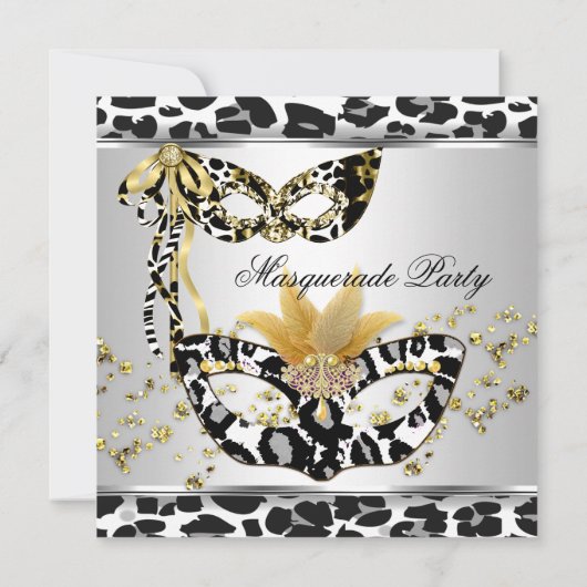 Masquerade Birthday Party Leopard Black Silver Kaart (Achterkant)