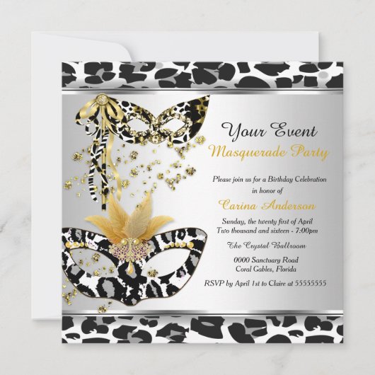 Masquerade Birthday Party Leopard Black Silver Kaart (Voorkant)