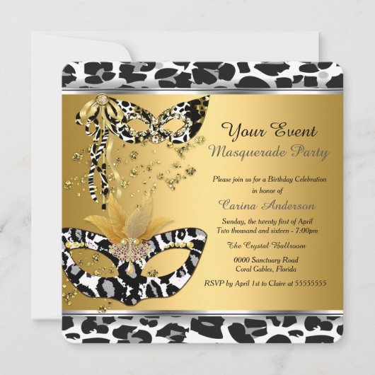 Masquerade Birthday Party Leopard Mask Black Gold Kaart (Voorkant)