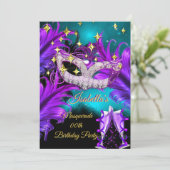 Masquerade Birthday Party maskeer Blauwgroen Paars Kaart (Staand voorkant)