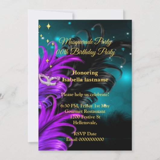 Masquerade Birthday Party maskeer Blauwgroen Paars Kaart (Achterkant)