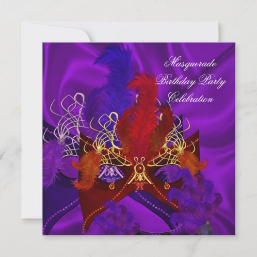 Masquerade Birthday Party Paarse Red Gold-maskers Kaart (Voorkant)
