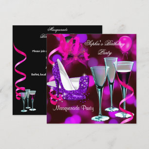 Masquerade Birthday Party Paarse roze Stiletto Kaart