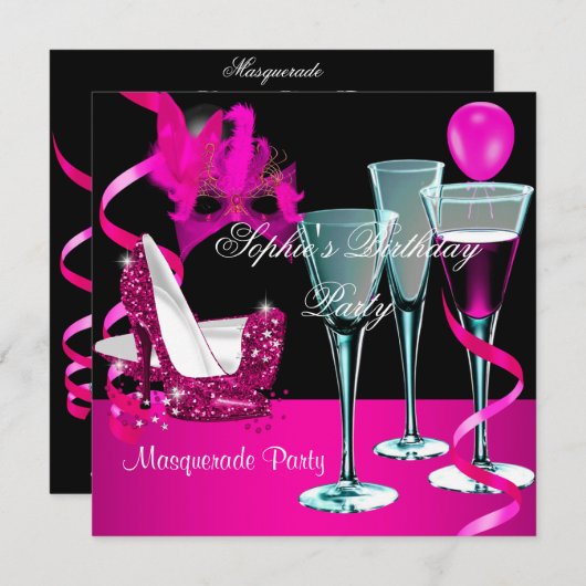 Masquerade Birthday Party Pink Wine Stiletto Kaart (Voorkant / Achterkant)