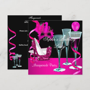 Masquerade Birthday Party Pink Wine Stiletto Kaart