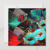 Masquerade Birthday Party Red Blauwgroen Gold-mask Kaart (Voorkant)