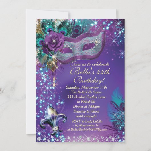 Masquerade Birthday Party-uitnodigingen Kaart (Achterkant)