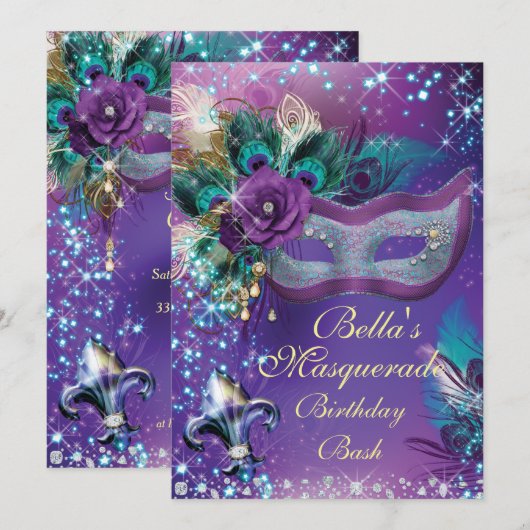 Masquerade Birthday Party-uitnodigingen Kaart (Voorkant / Achterkant)