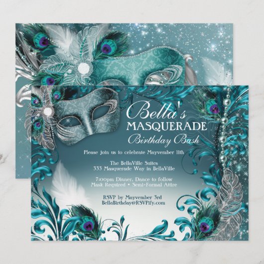 Masquerade Birthday Party-uitnodigingen Kaart (Voorkant / Achterkant)