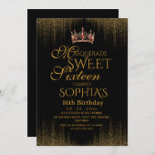 Masquerade Black Chic Sweet 16 Party Kaart (Voorkant / Achterkant)