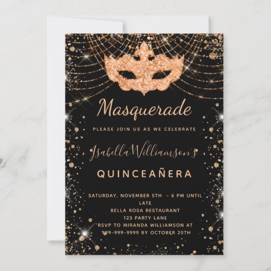 Masquerade Black glitter stof Quinceanera Kaart (Voorkant)