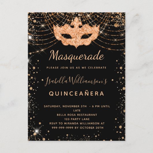 Masquerade Black glitter stof Quinceanera Uitnodiging Briefkaart (Voorkant)