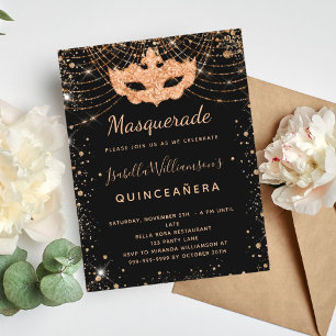Masquerade Black glitter stof Quinceanera Uitnodiging Briefkaart