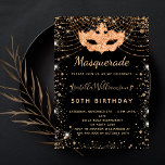 Masquerade Black glitter-stofverjaarfeest Kaart<br><div class="desc">Voor een elegante Masquerade,  50e (of elke leeftijd) verjaardag. Een stijlvolle zwarte achtergrond. Gedemoreerd met faux goud glitter stof en een maskerade masker. Geef een persoonlijke naam,  leeftijd en partijgegevens op en voeg deze toe. De naam wordt geschreven met een handgeschreven stijlmanuscript</div>