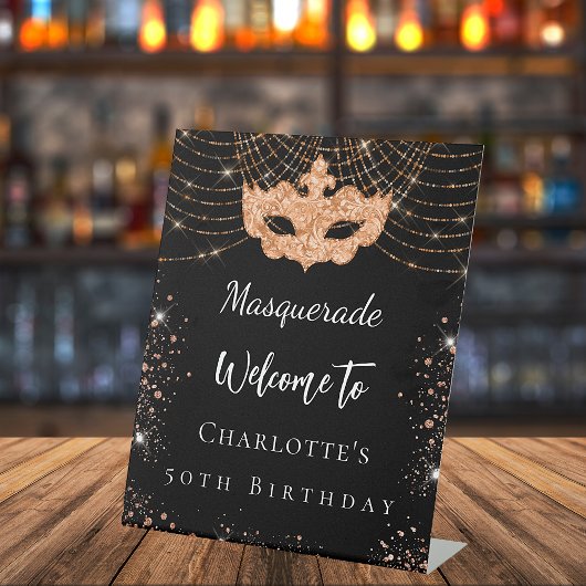 Masquerade Black glitter-stofverjaarfeest Reclamebord Met Voetstuk