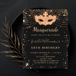 Masquerade Black glitter-stofverjaarfeest Uitnodiging Briefkaart<br><div class="desc">Voor een elegante Masquerade,  50e (of elke leeftijd) verjaardag. Een stijlvolle zwarte achtergrond. Gedemoreerd met faux goud glitter stof en een maskerade masker. Geef een persoonlijke naam,  leeftijd en partijgegevens op en voeg deze toe. De naam wordt geschreven met een handgeschreven stijlmanuscript met letters. Achterzijde: briefkaart ontwerp.</div>