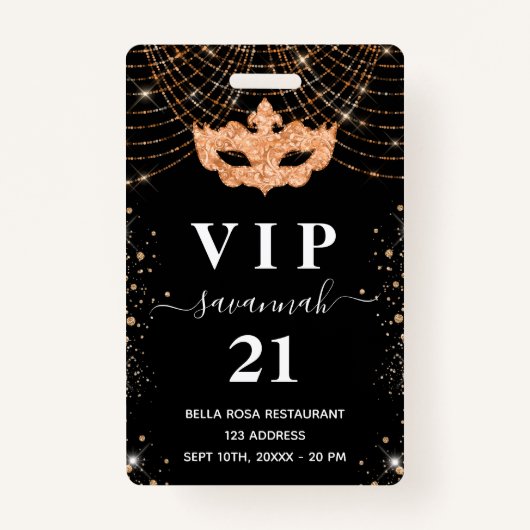 Masquerade Black glitter vip uitnodiging badge (Voorkant)