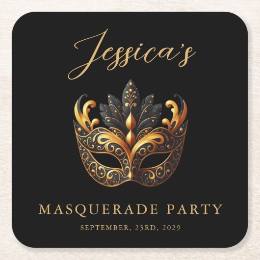 Masquerade Black Gold Birthday  Kartonnen Onderzetters (Voorkant)