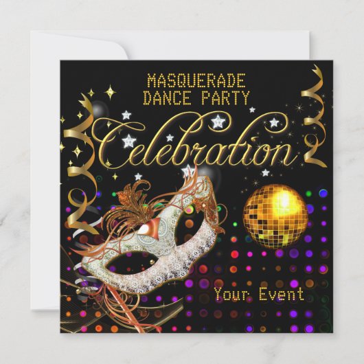 MASQUERADE Black Gold Dance Party Disco Bal Kaart (Voorkant)