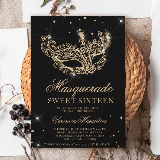 Masquerade black gold glitter mask Sweet 16 Kaart