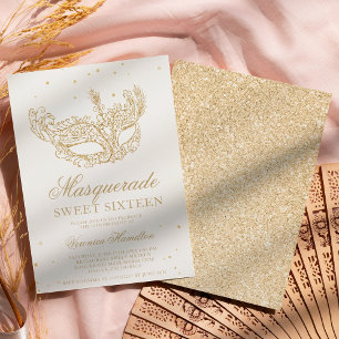 Masquerade black gold glitter mask Sweet 16 Kaart